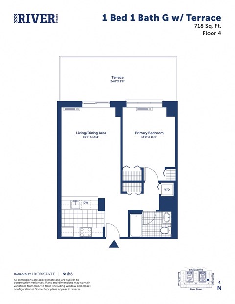 Floor plan for 1 bed, 1 bath, 718 sqft